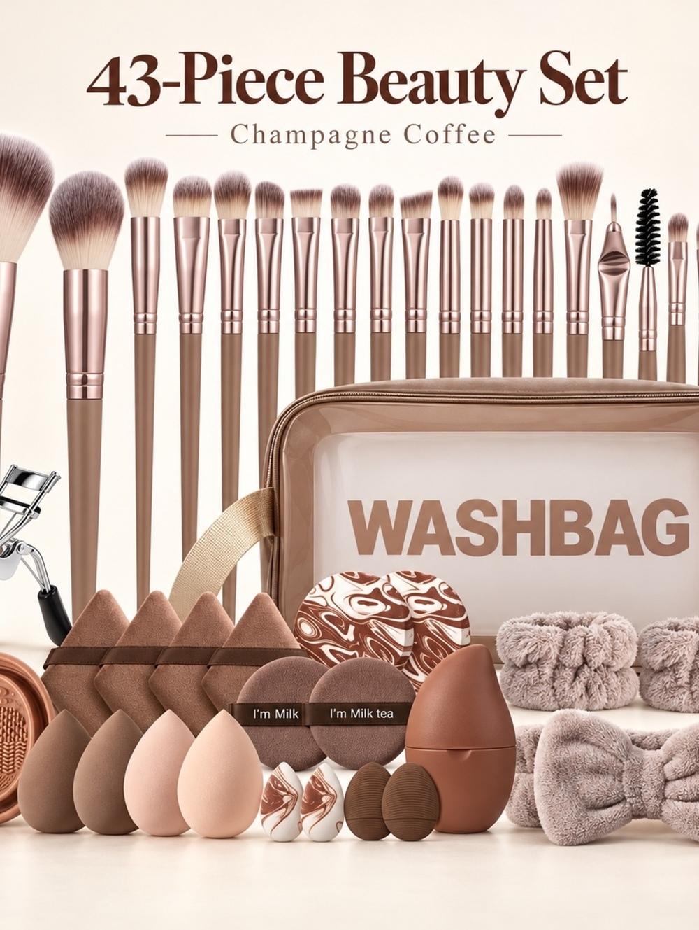 43-Piece Champagne Coffee Makeup Brush and Sponge Beauty Set with Wash Bag